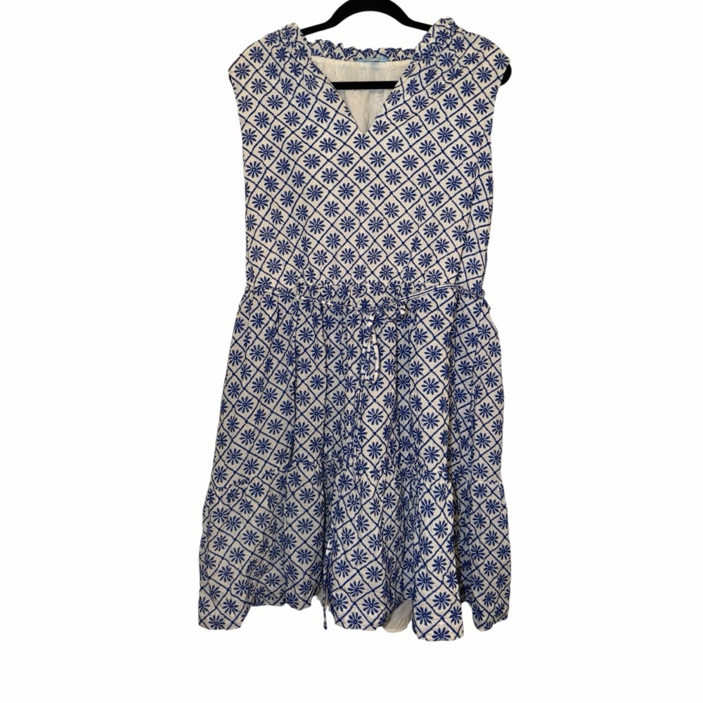 Draper James White & Blue Embroidered Dress with Belt
